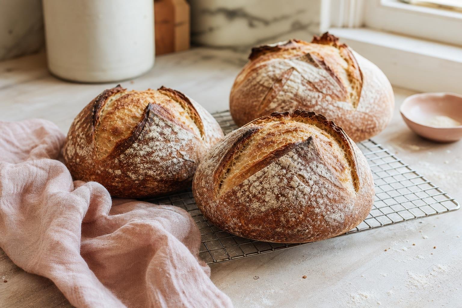 Three round sourdough boules with scored golden crusts cooling on a wire rack