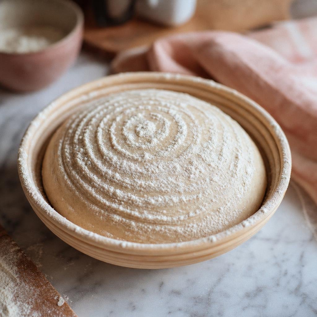 Sourdough dough proofing in a floured rattan banneton basket
