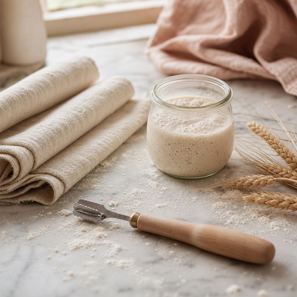 A bread lame, linen couche, and a jar of bubbling sourdough starter