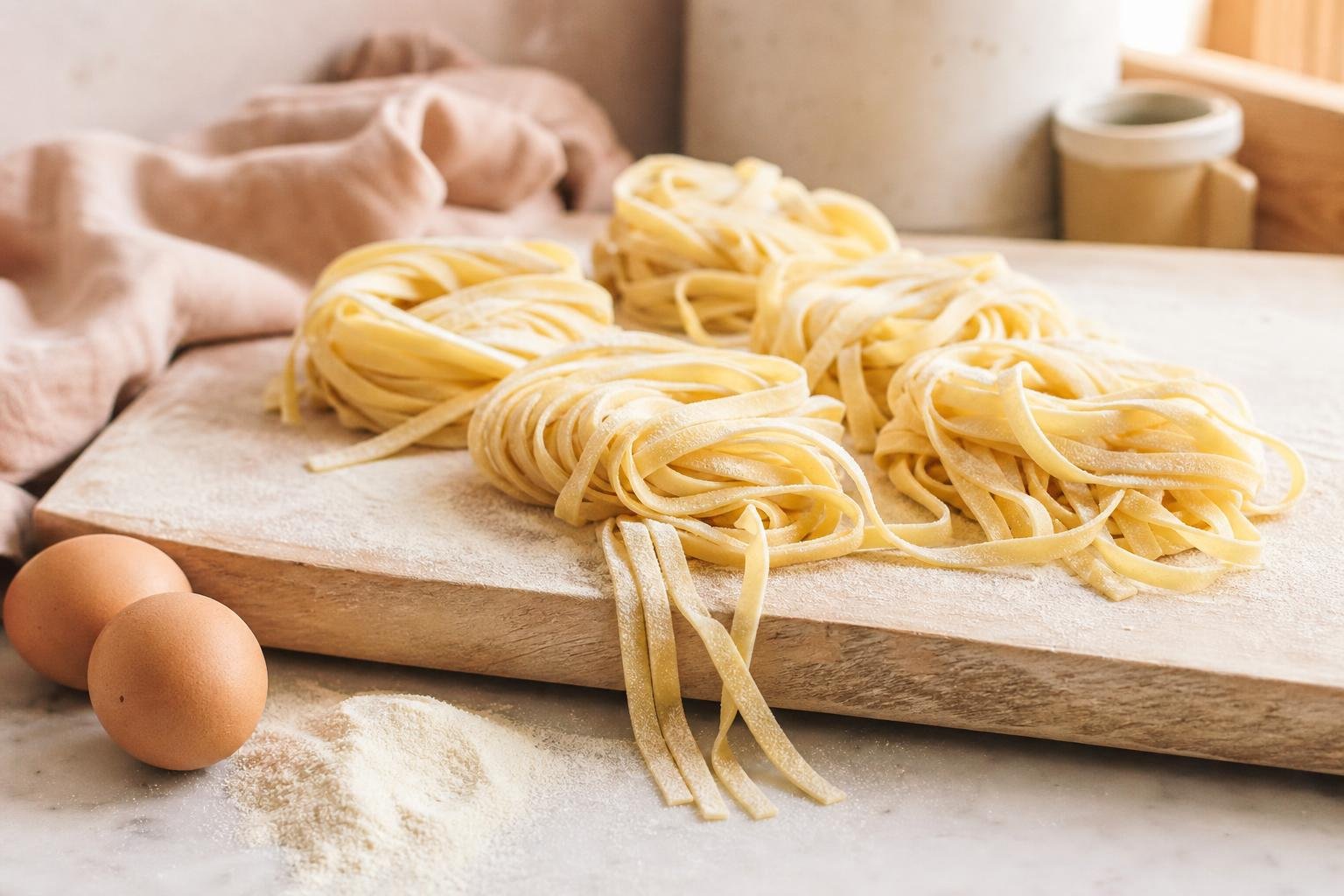 Nests of fresh handmade fettuccine dusted with semolina on a wooden board