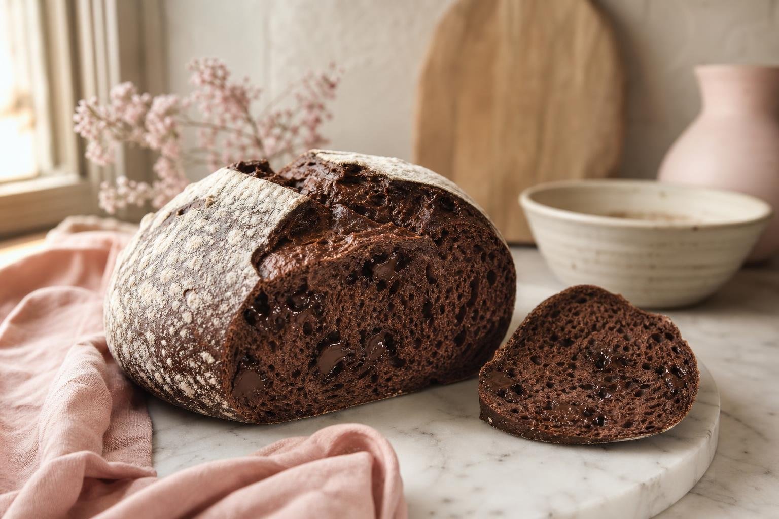 A double chocolate sourdough loaf cut open to show a dark cocoa crumb studded with chocolate chips